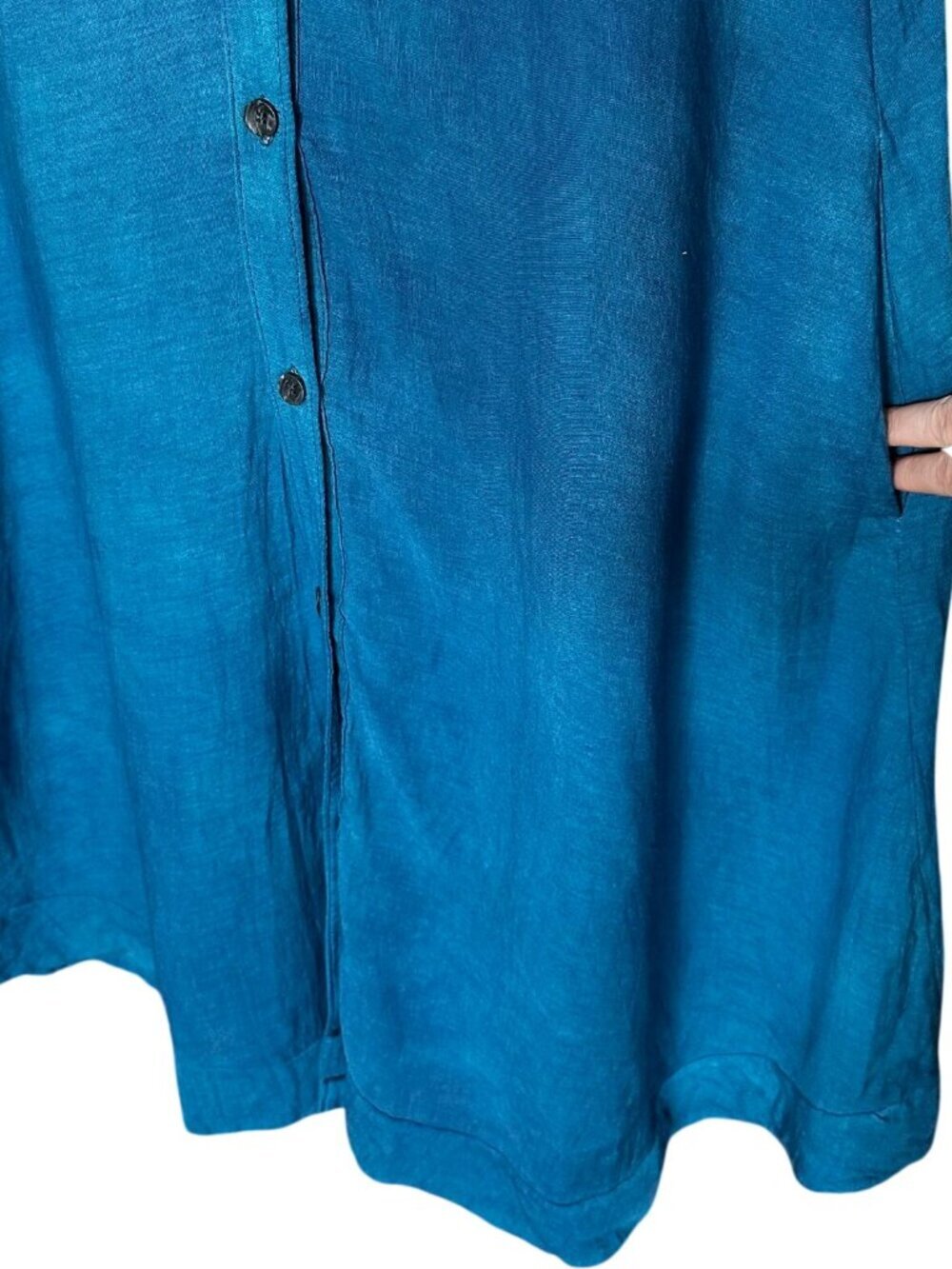 Swahili Coast Linen Dress Medium Blue Button Front Midi Ethical Artisan Pocket - Picture 3 of 10